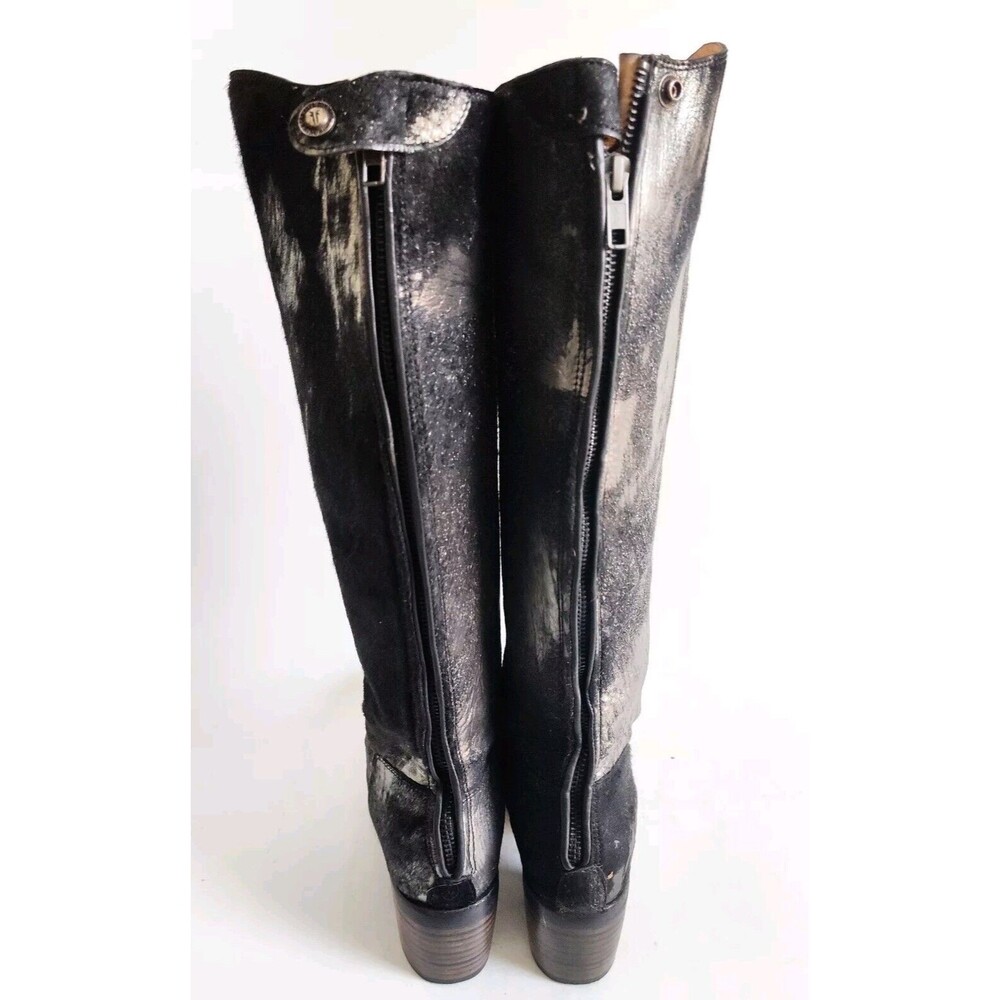 Frye Black‎ Pewter Metallic Leather Calf Hair Size 6 Knee High Tall Riding Boots - Picture 3 of 13
